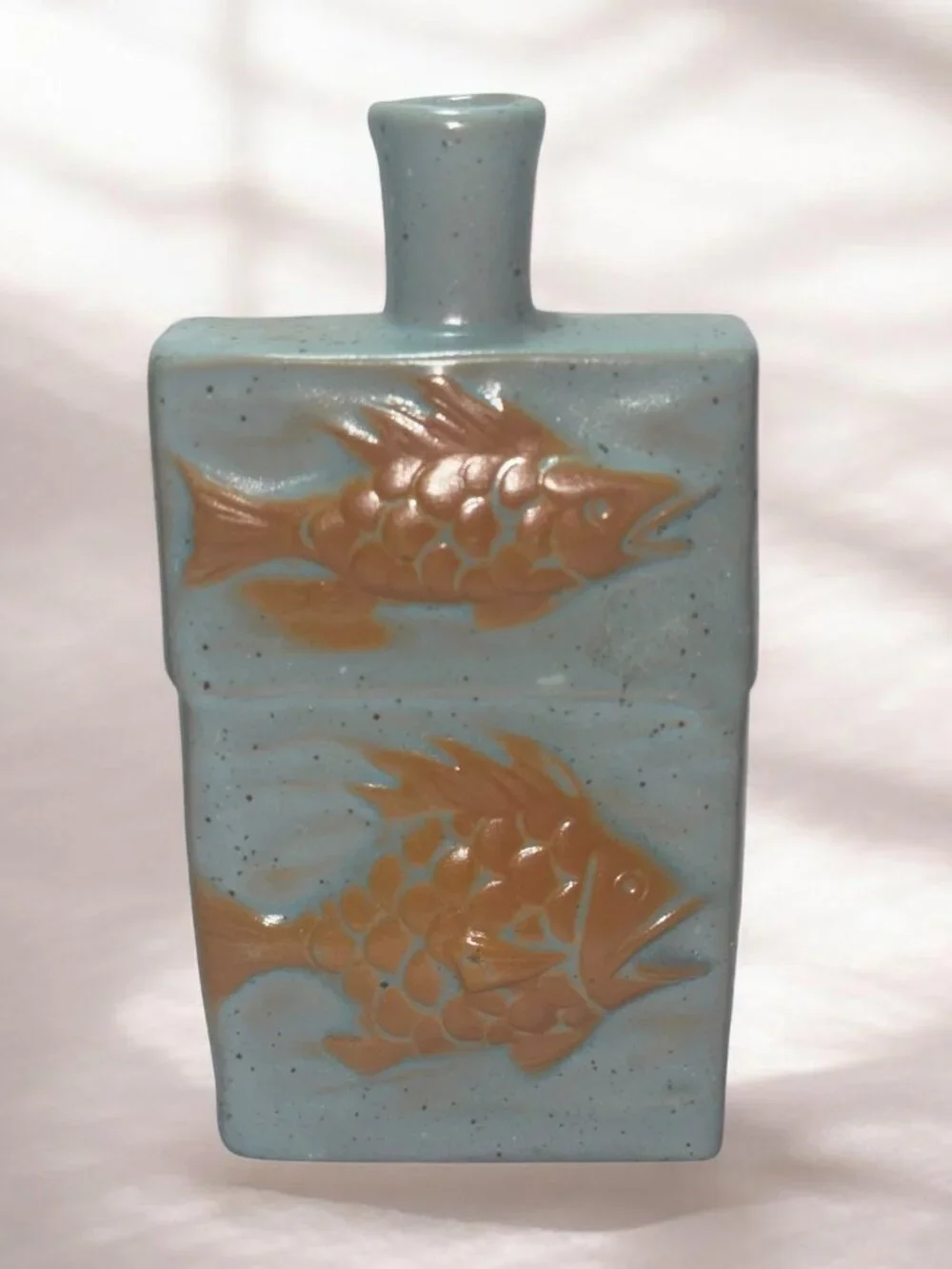 Ceramic Fish Motif Decorative Cruet In Blue Speckled Glaze With Embossed Design